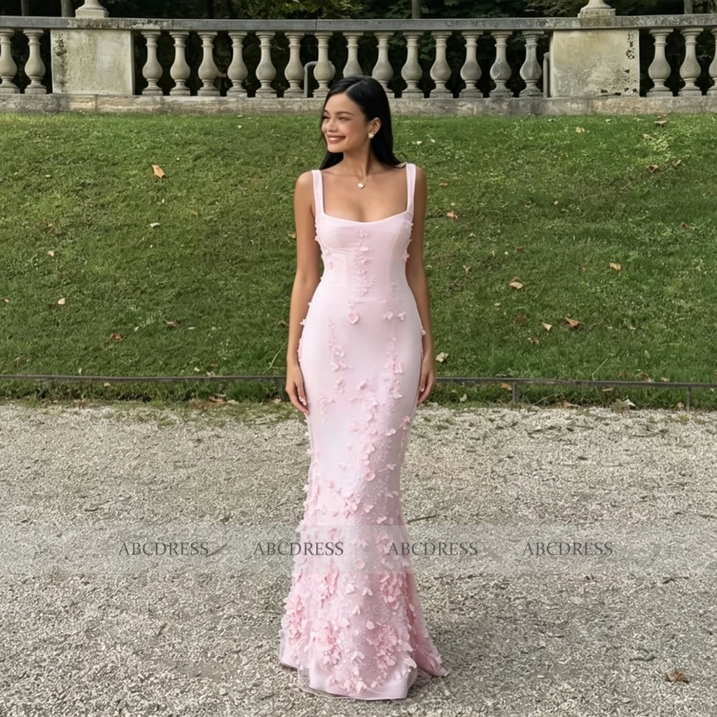 Customized Square Neck Spaghetti Strap Long Prom Dress 3D Floral Appliques Floral Formal Evening Mermaid Women Bridesmaid Dress