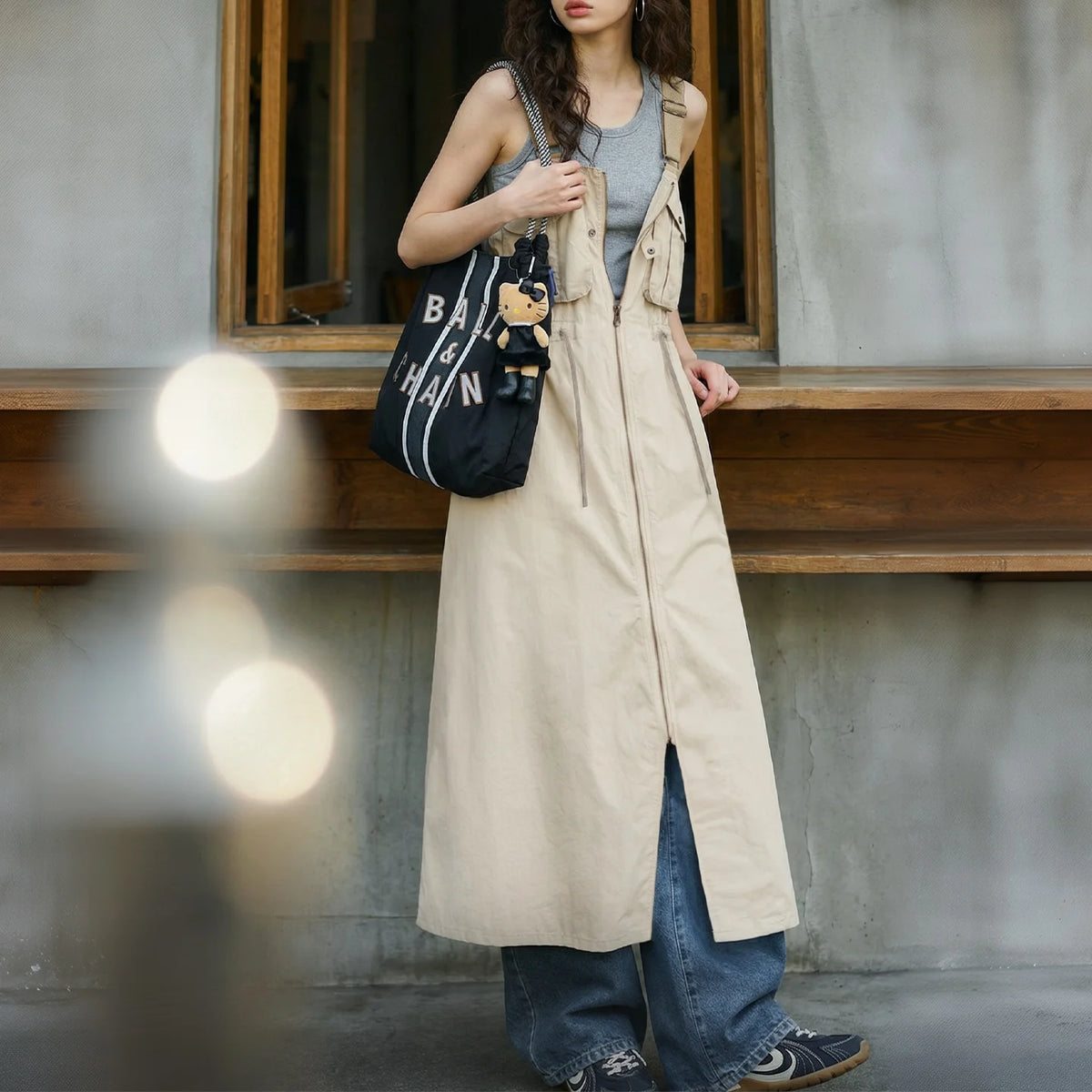 Maden Women's Workwear Suspender Dress Fitted Waist A Line Split Light Long Breathable Loose Casual Summer Outer Dress  Overall