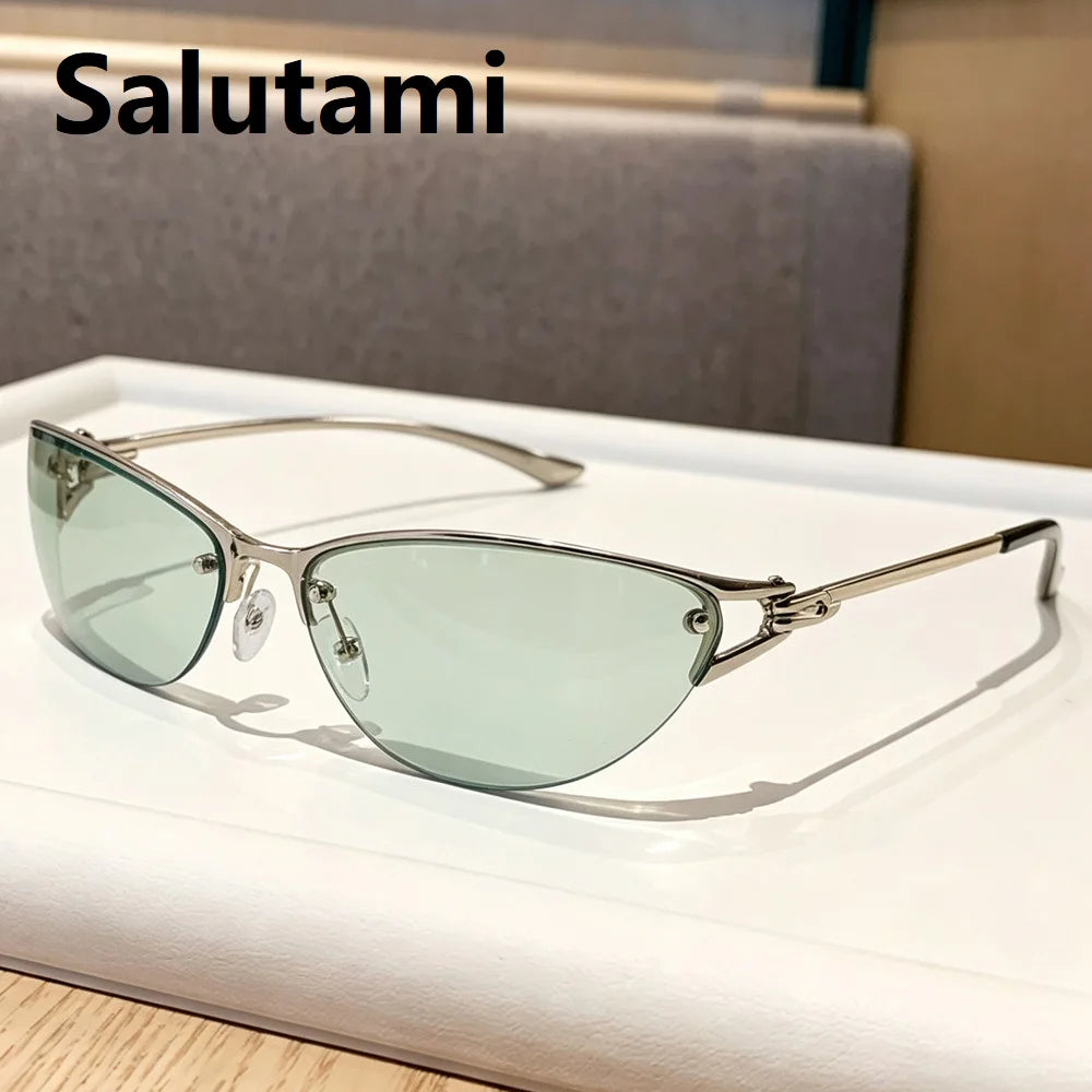 New Silver Y2K Metal Cat Eye Sunglasses Women Fashion Half Frame Clear Gradient Shades UV400 Men Trending Sun Glasses Uv400