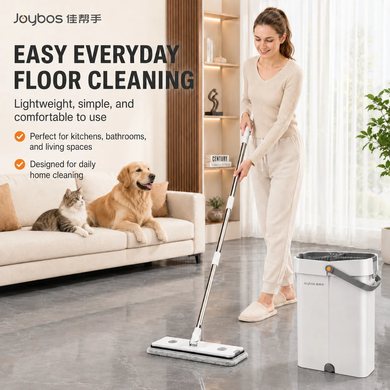 Joybos Ultra-Slim Flat Mop and Bucket System, Hands-Free Wash & Dry Floor Mop Set with 2 Microfiber Pads, 360° Swivel Mop with Squeegee Edge for Hardwood Tile Laminate