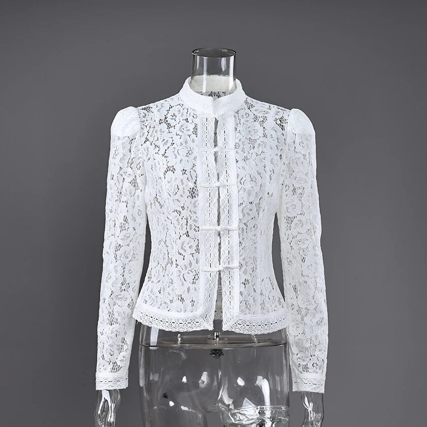 Linad Elegant Embroidery Puff Sleeve White Shirts Summer Sexy Hollow Out Lace Blouse Casual Sand Collar Top 2025 Vintage Shirts