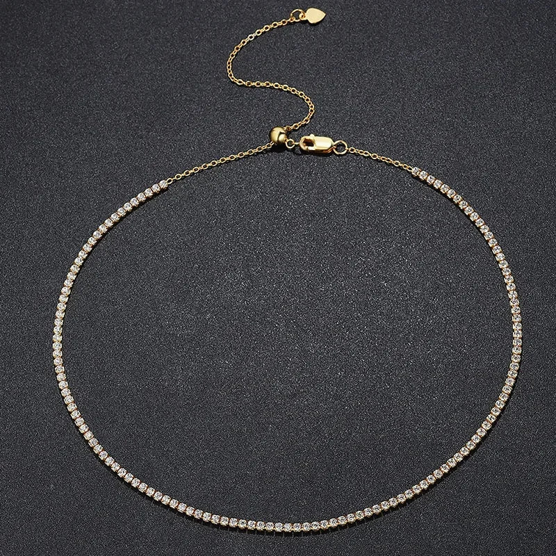 FEOBUR 2mm Moissanite Tennis Necklaces for Women S925 Silver Plated 18K Gold Adjustable Full Diamond Choker Neck Chain Jewelry