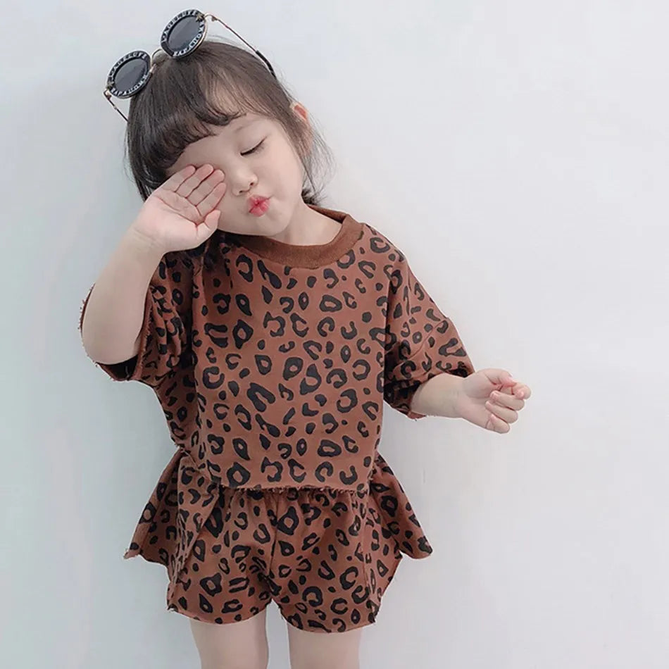 Baby Outfit Children Leopard 2 Pcs T Shirt and Shorts Kids 1-6 Years Girls Short Sleeve Fashion Suit Summer Korean Clothing Set