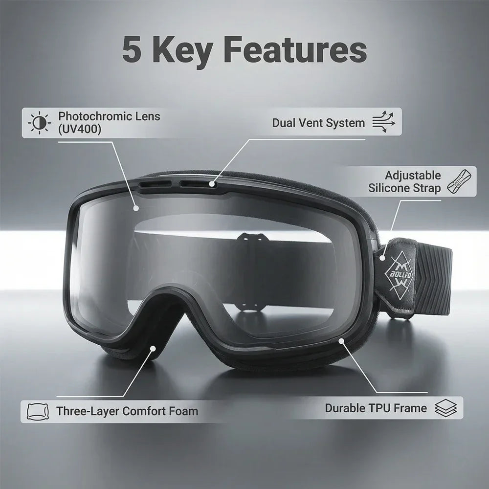 BOLLFO Photochromic Motorcycle Goggles Motorbike Eyewear OTG UV Protection Auto-tinting ATV Glasses Windproof Dirt Bike Goggles