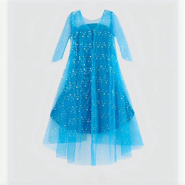 Girl Stunning Princess Maxi Dress All Body Sequin Covered Blue Train Sparkly Tulle Costume Snow Queen Party Elsa Cosplay Outfit