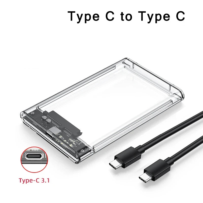 Transparent 2.5 Inch HDD Enclosure SATA to USB 2.0 Type-C SSD Case Portable External Hard Drive Box Tool-Free