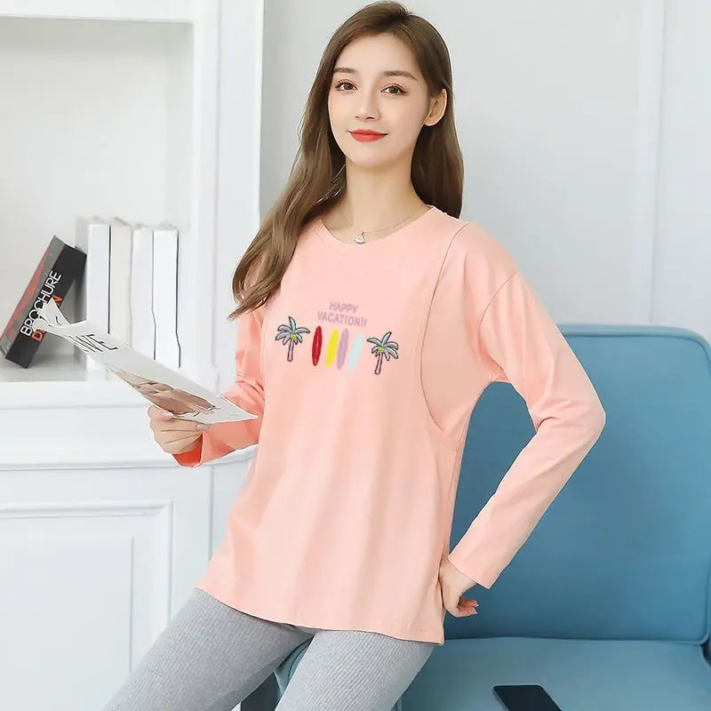 2025 Autumn Long Sleeve O-neck Postpartum Women Nursing T-shirt Maternity Breastfeeding Top Pregnancy Lactation Tees 7 Colors