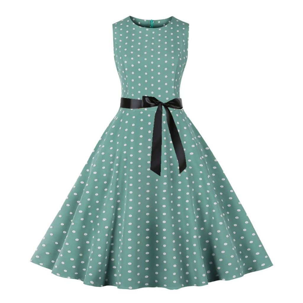 Vintage 1950s Retro Pleated Dress Short Sleeve Polka Dot Print Dress For Women Elegant Evening Party Gown Prom Swing Dresses