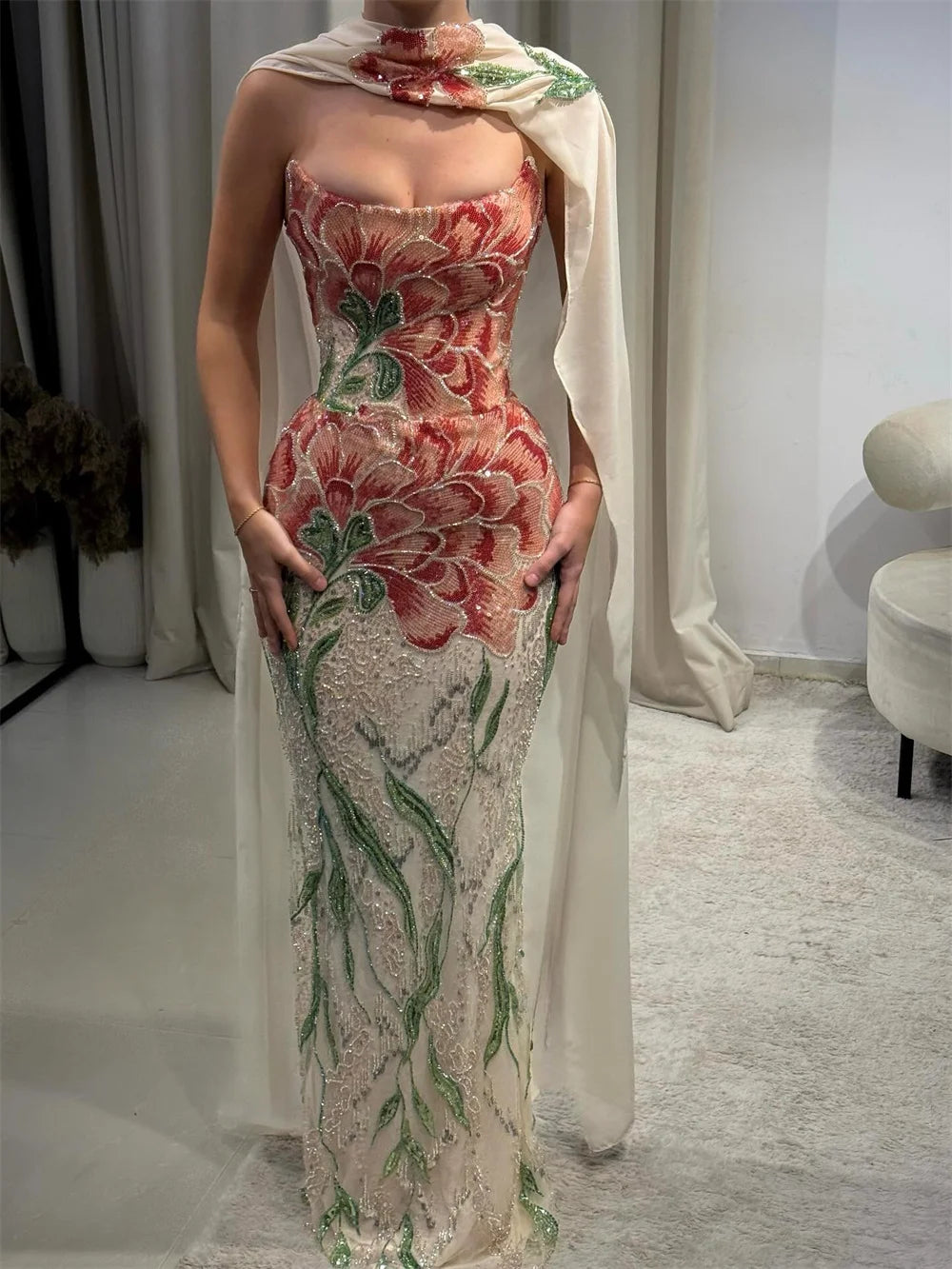 Sansa Customized Champagne Prom Dresses Elegant Strapless Floral Beaded Mermaid Lace-up Back Vestidos De Noche Floor Length Form