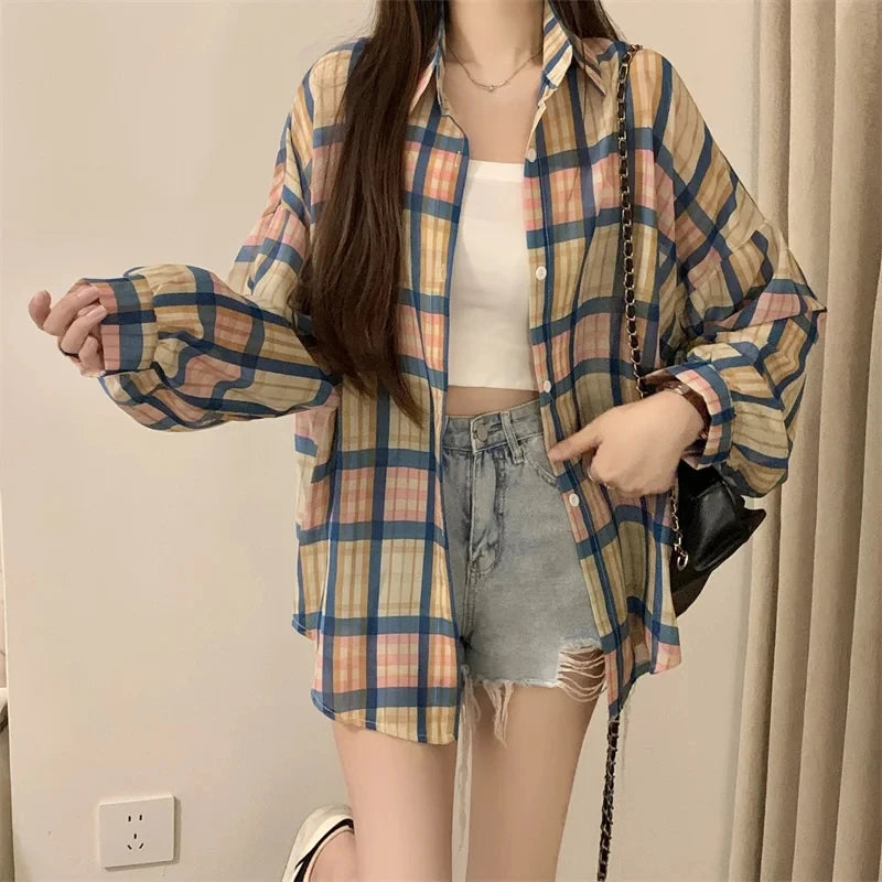 Sheer Chiffon Plaid Shirt for Women Ovesized Collared Button-down Blouse Summer Laides Slouchy Casual Outfit