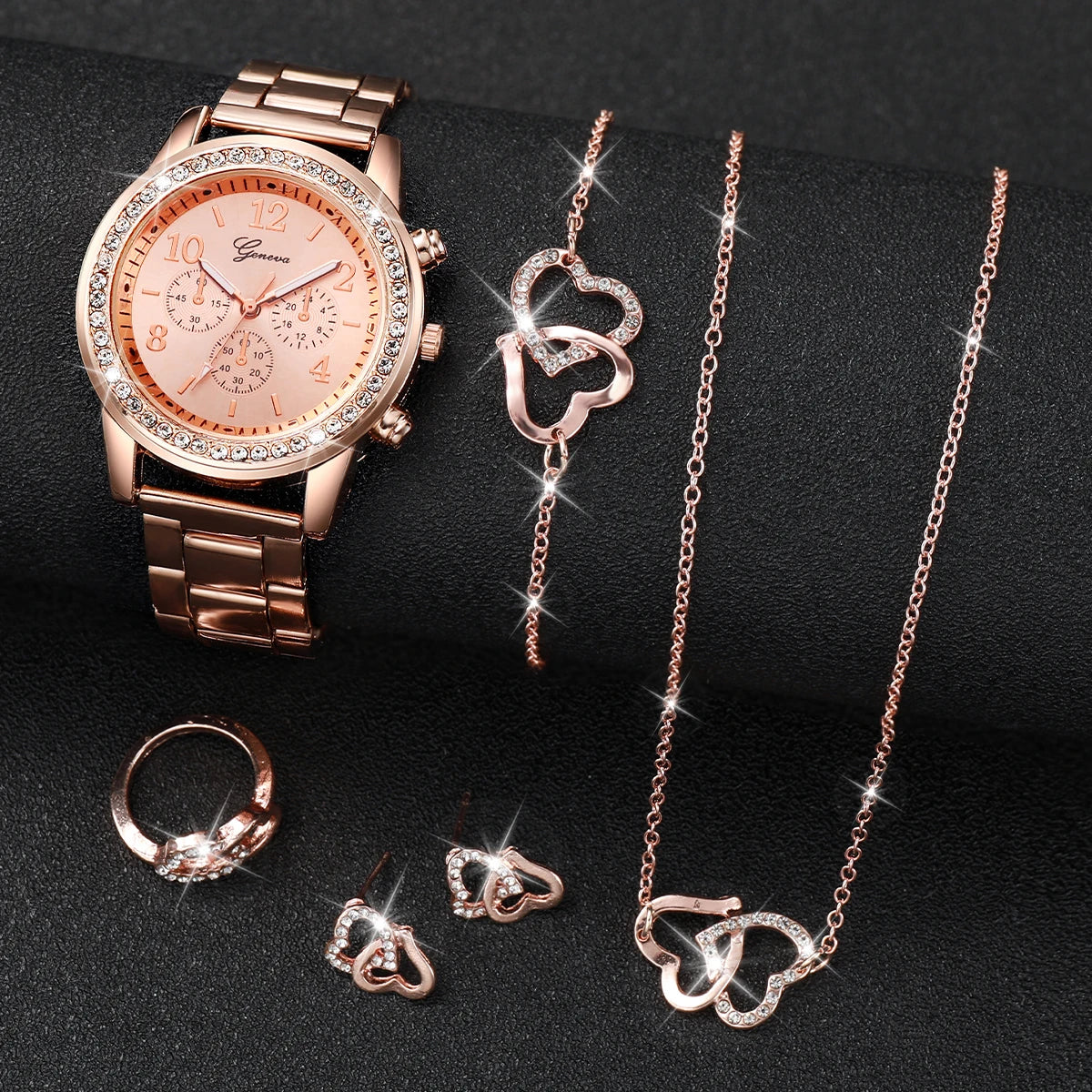 6PCS/Set Women's Watch Fashion Rhinestone Stainless Steel Band Quartz Watch Jewelry Set Reloj Mujer (Without Box)
