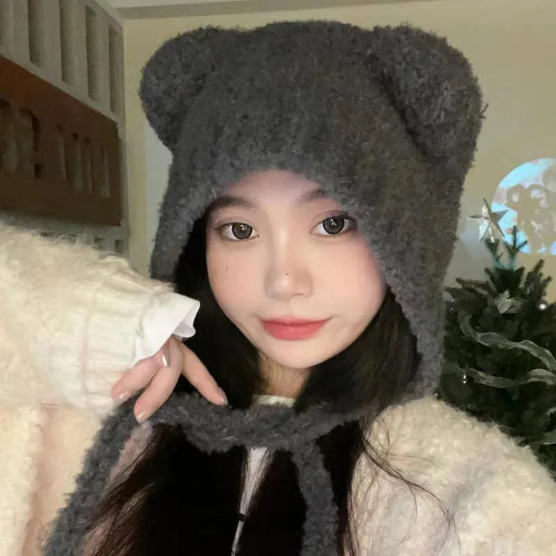 Cute Girl Knit Ear Protection Hat Bear Women Earmuffs Cap Woolen Crochet Bonnet Solid Color Hood Beanies Winter Warm Headgear
