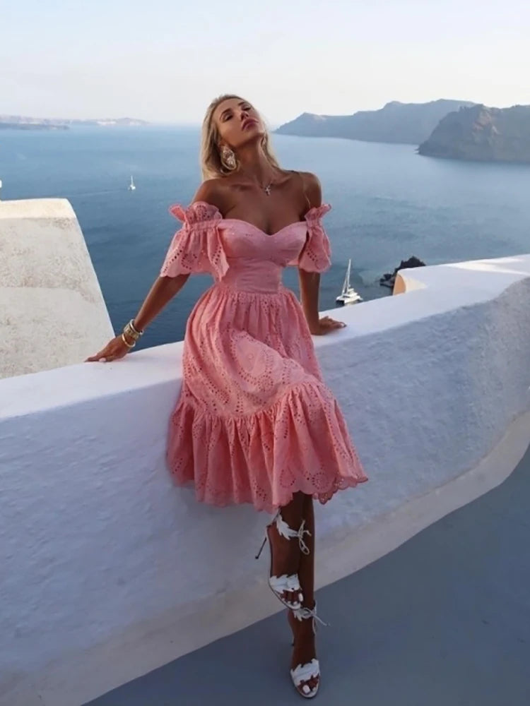 Women Sexy Off Shoulder Lace Long Dress Solid Ruffle Cutout Boho Casual Holiday Beach Elegant Party Dresses  Summer платье