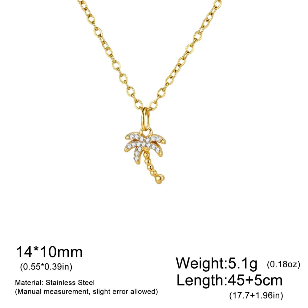 Skyrim Clear Zircon Coconut Tree Pendant Necklace Stainless Steel Gold Color Chain Choker for Women Plant Jewelry Wholesale