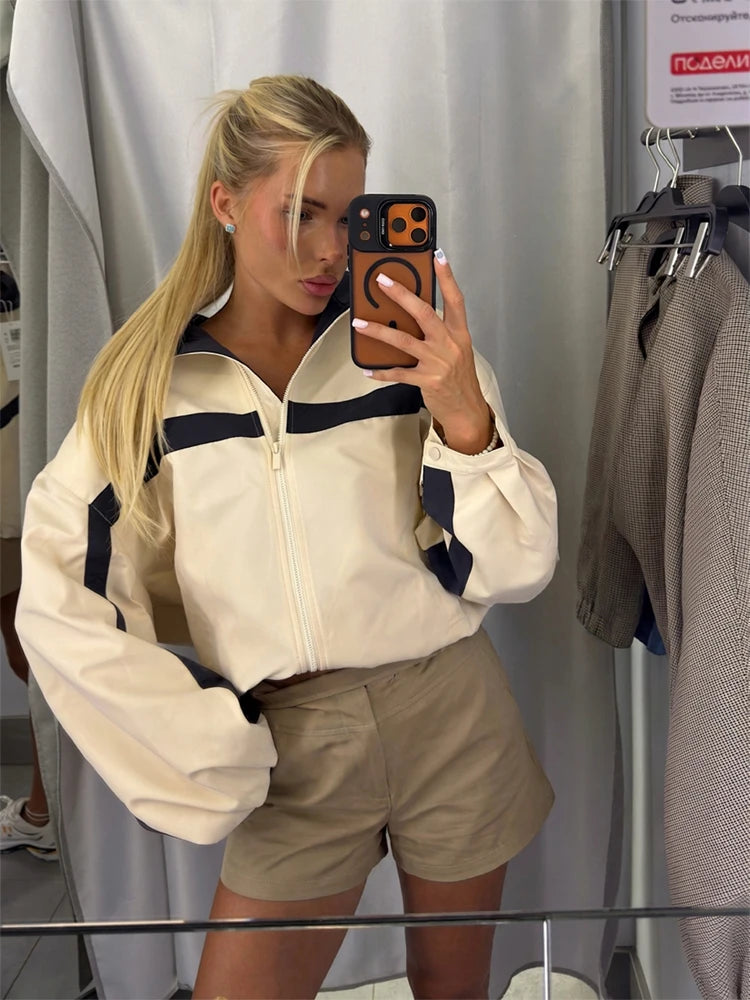Women Color Block Jacket Casual Half Zip Collar Navy Striped Oversize Long Sleeve Sport Jackets Autumn Chic Street Wear New 2026