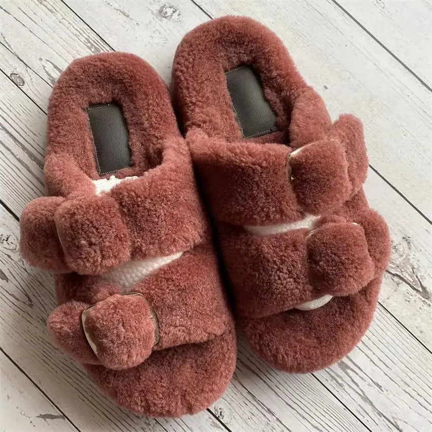 Cute Fluffy House Slippers For Woman Real Lamb Wool Slides Luxury Winter Warm Flip Flops Comfortable Plush Women's Mules Shoes