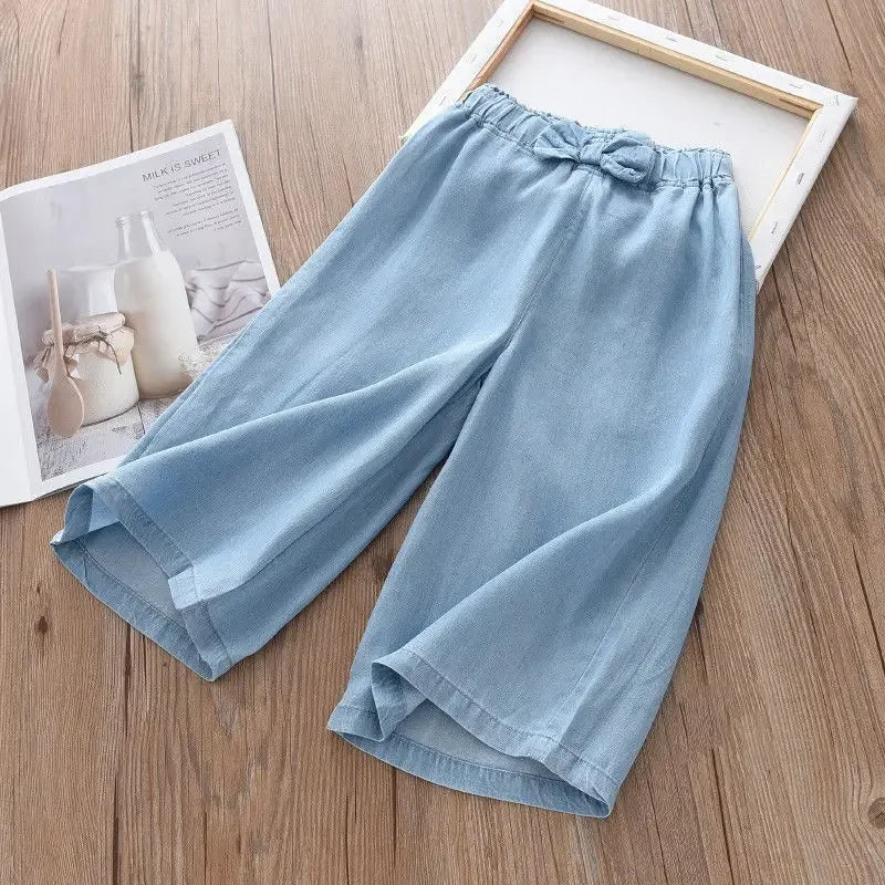 New Fashion Children Wide Leg Pants Summer Casual Thin Chiffon Cropped Trousers For Teenager Girls Clothes 2 4 6 8 10 Years