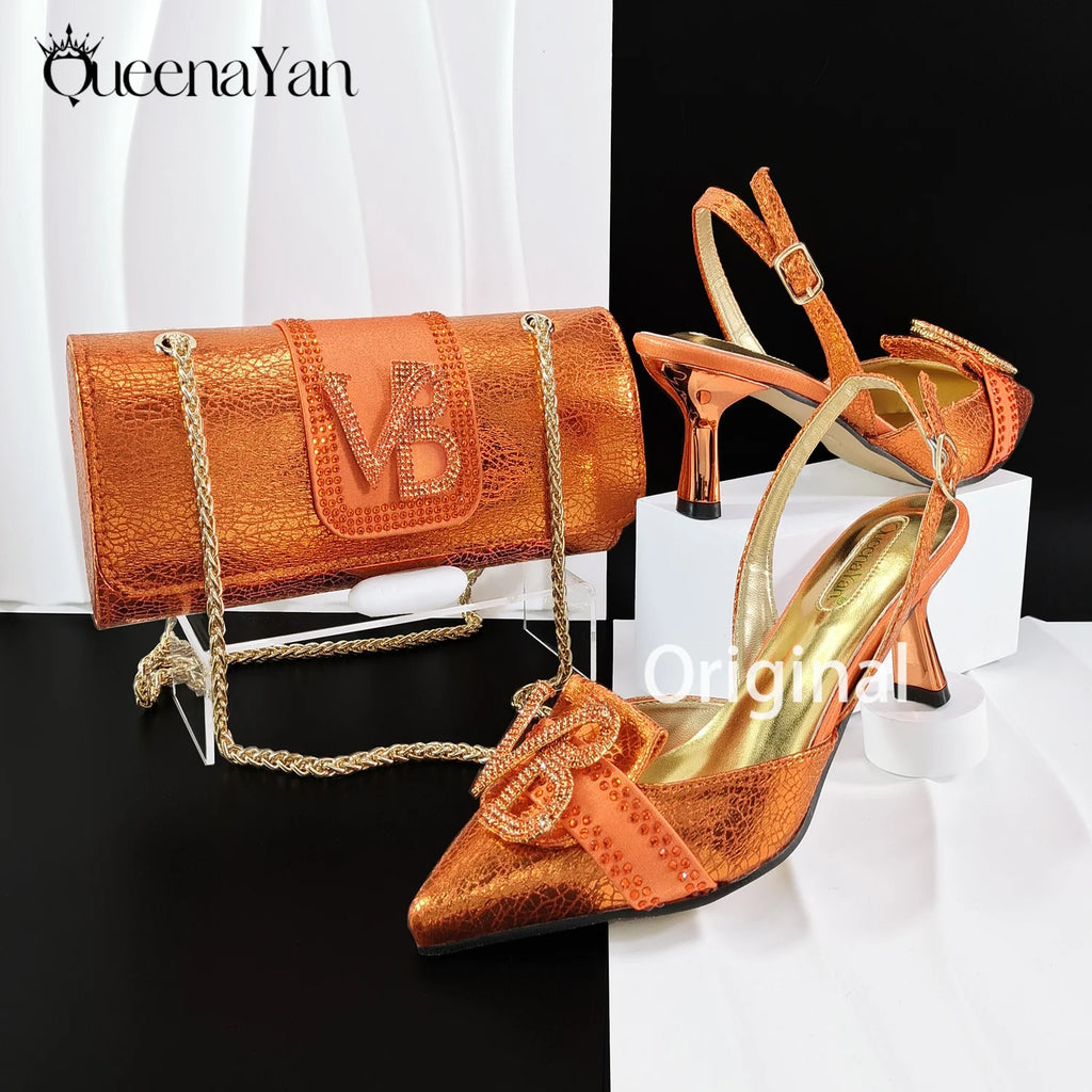 2026 Orange Slingback Shoe & Bag Set Rhinestone VB Letter Decor Pointed Toe High Heels for Wedding Evening Party Occasions