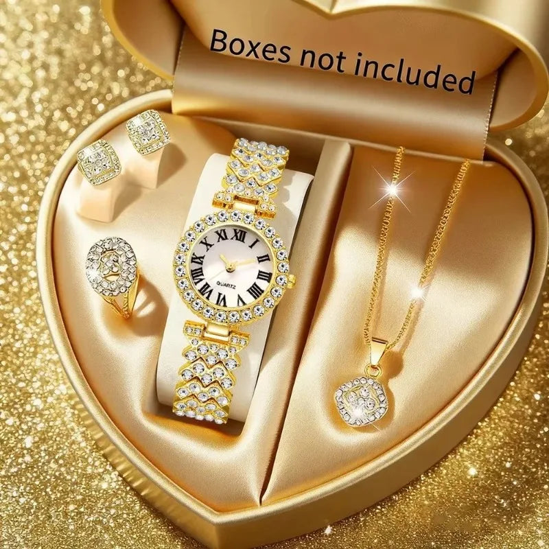 5PCS Elegant Rhinestone Women Quartz Watch Jewelry Set Fashion Ladies Bracelet Strap Wristwatches Reloj Mujer（Without Box）