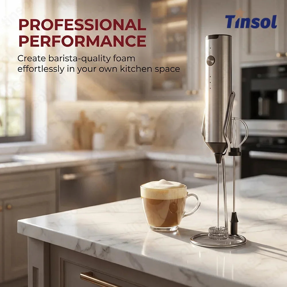 TINSOL Stainless steel electric milk frother, wireless milk frother, equipped with two types of whisks, Type-C rechargeable