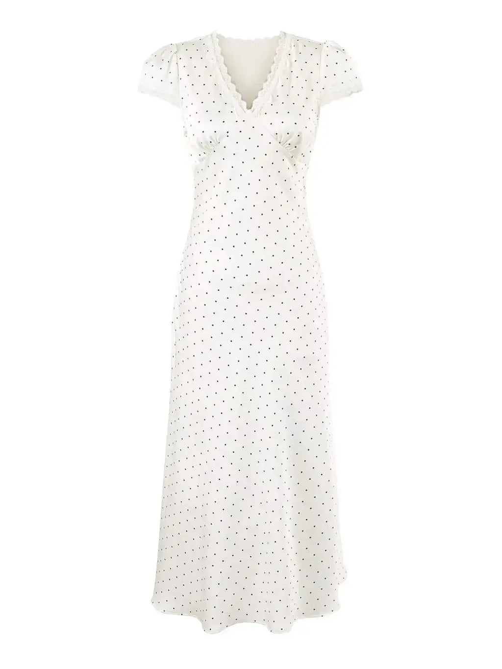 Chu Sau beauty Women New Fashion Sweet Polka Dot Print Chic Lace Patchwork V-neck Long Dress Vintage Short Sleeve Party Dresses