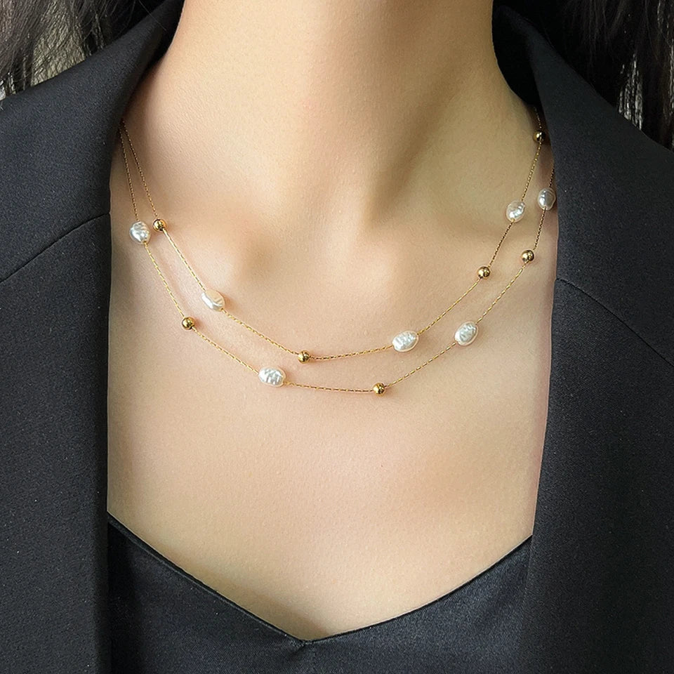 Yupsk 316L Stainless Steel Double Layer Pearl Choker Necklace for Women 2in1 Chains Necklaces Bridal Wedding Party Jewelry