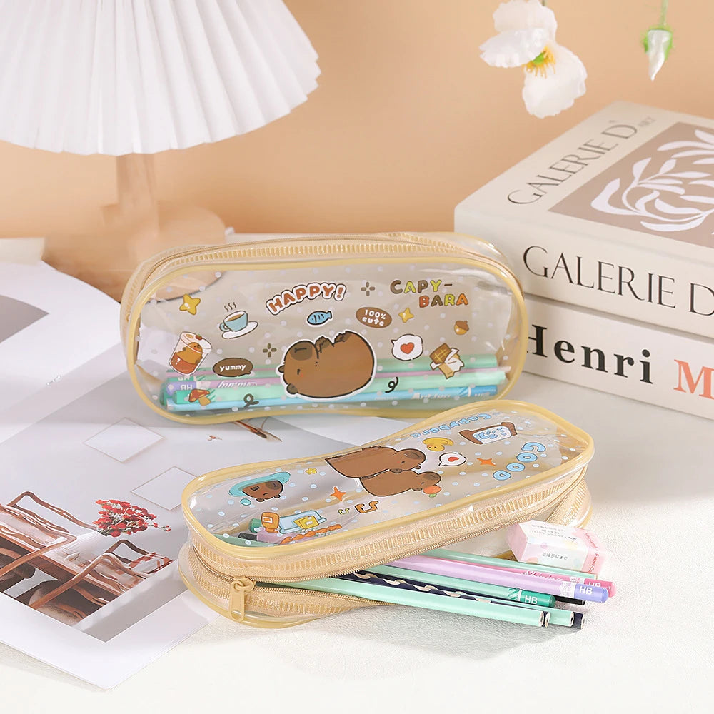Cartoon Capybara Pencil Case Transparent Waterproof Zipper Pen Pouch Large Capacity Stationary Organizer Bag School Supplies