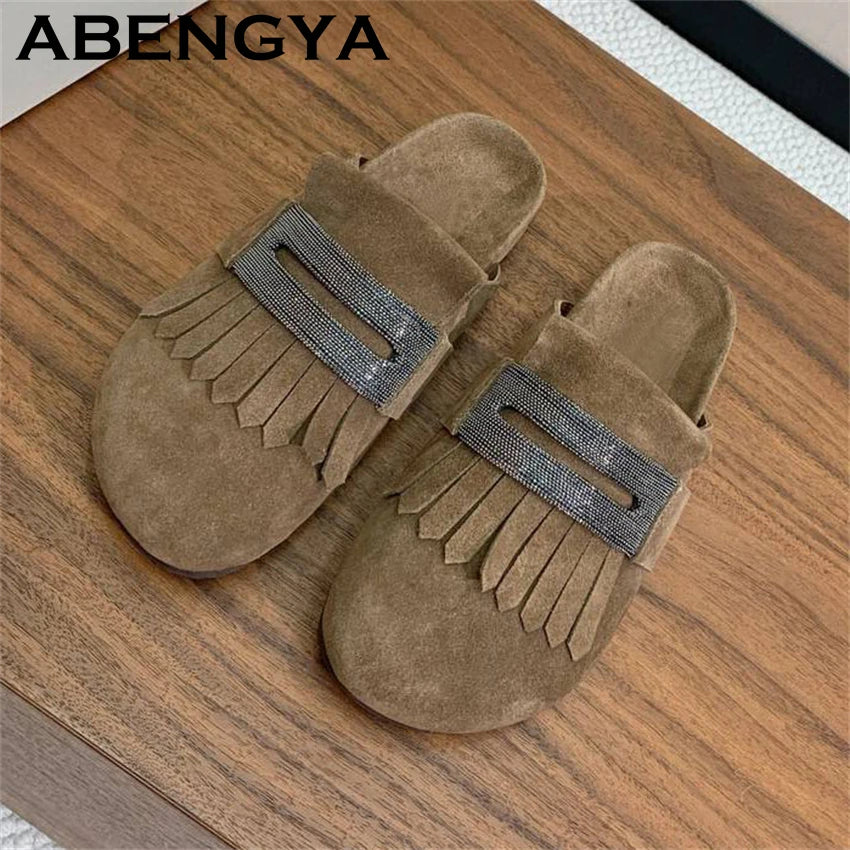 2025 Summer Round Wrap Toe Flat Half Slippers Women Suede Leather Tassels Platform Mules Ladies Outdoor Casual Beach Shoes Mujer