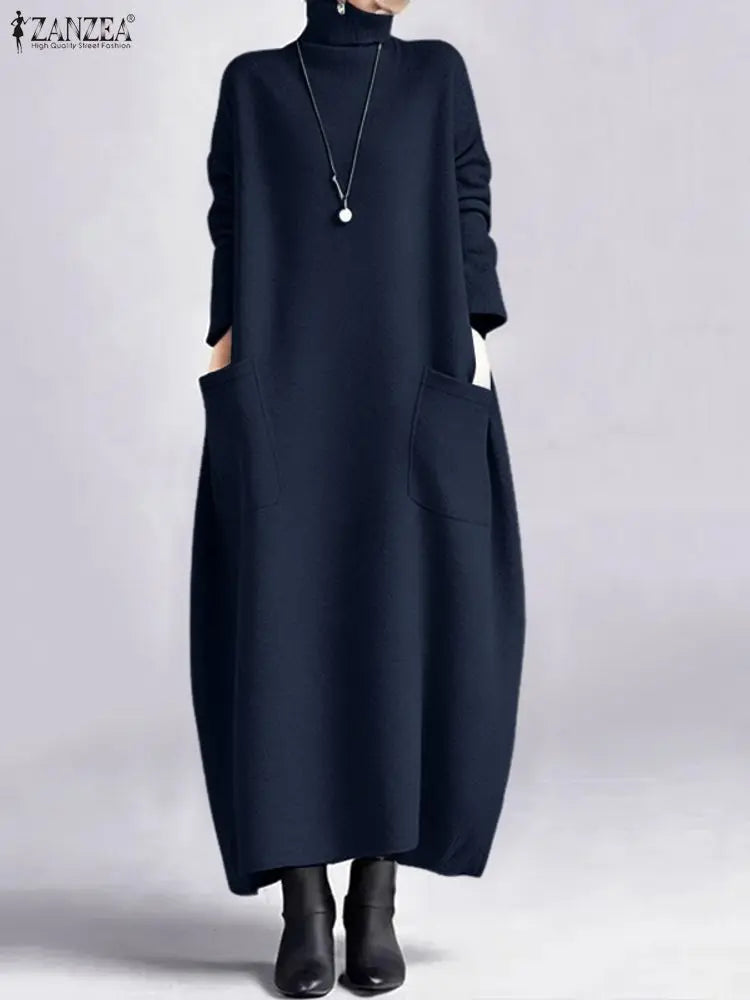 ZANZEA Fashion Sweatshirt Dress Women Casual Turtleneck Long Sleeve Solid A-Line Midi Dresses for Woman FW 2025 Cozy Warm Robes