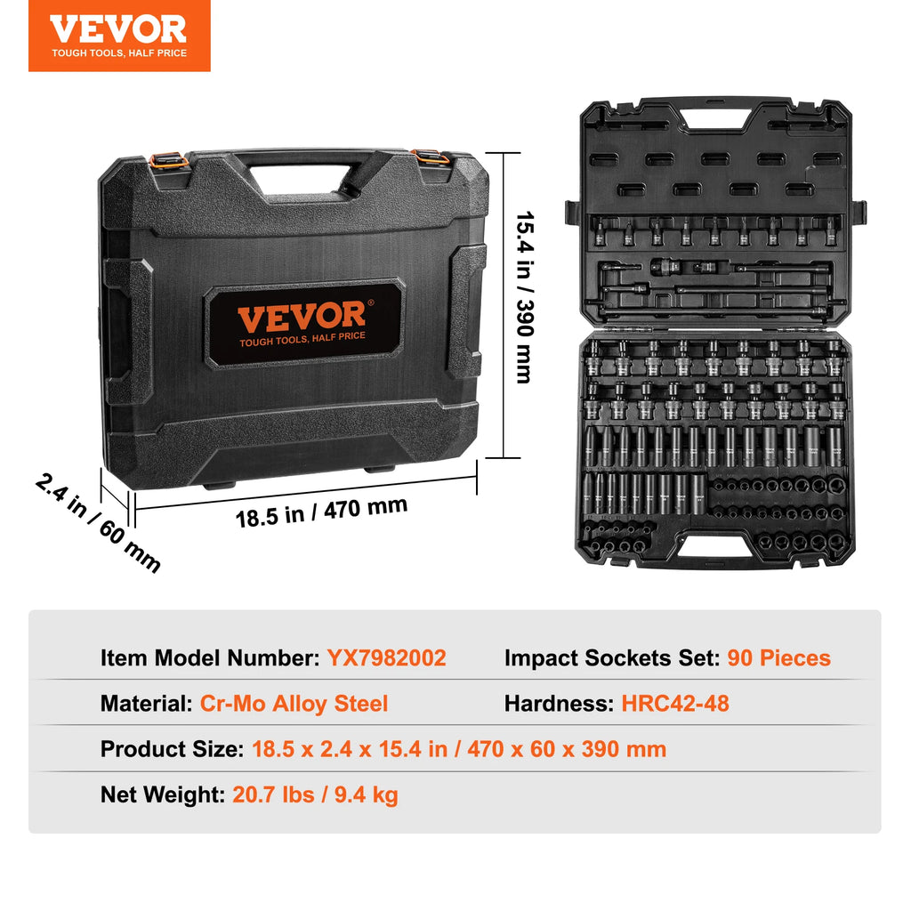 SucceBuy 90PCs 3/8" Drive Impact Socket Set SAE 1/4"-3/4" and Metric 6-19mm Socket Set 6 Point Cr-Mo Alloy Steel for Auto Repair