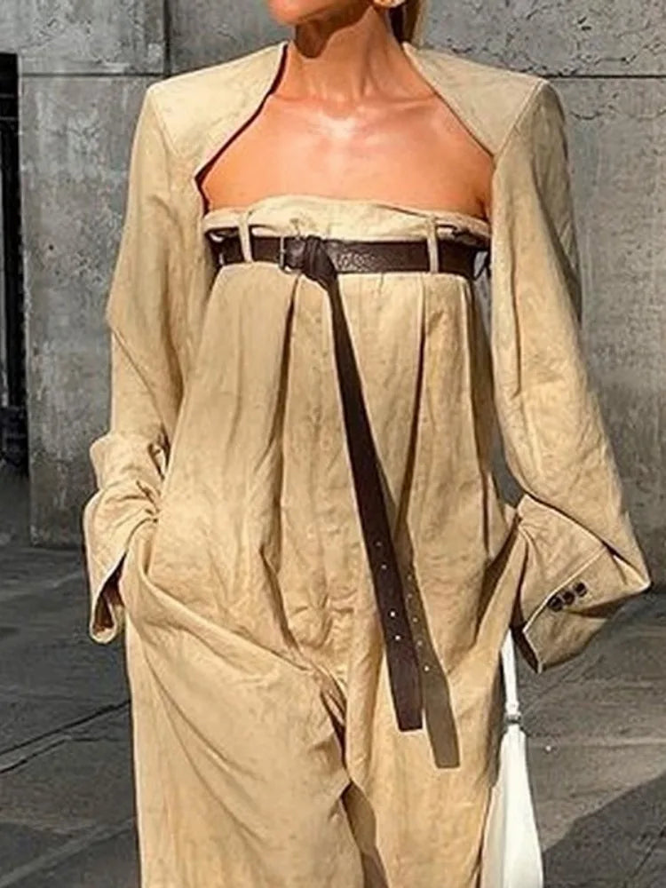 Freeacy Women's Stylish Jumpsuit Set Collarless Long Sleeve Outerwear and Strapless Wide Leg Jumpsuits Summer Loose Fit Suit