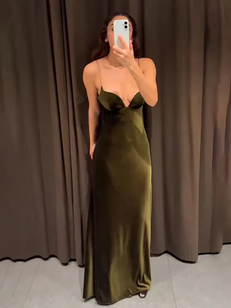 HH 2025 Women Red V-Neck Holiday Style Satin Texture Long Dress Sleeveless Summer Women's Back Zipper Fashion Sling Dresses