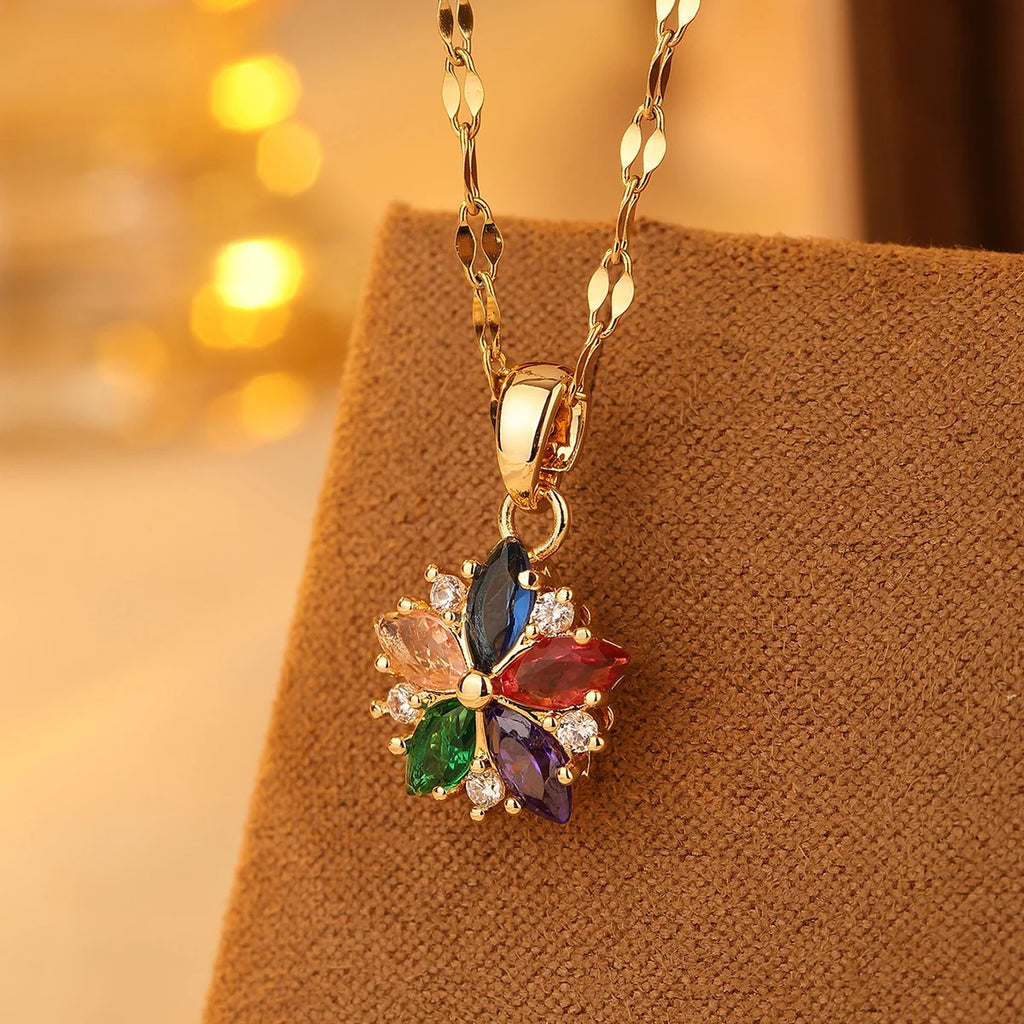 New Sweet Pink Cherry Blossoms Pendant Stainless Steel Necklaces For Women Korean Fashion Temperament Clavicle Chain Jewelry