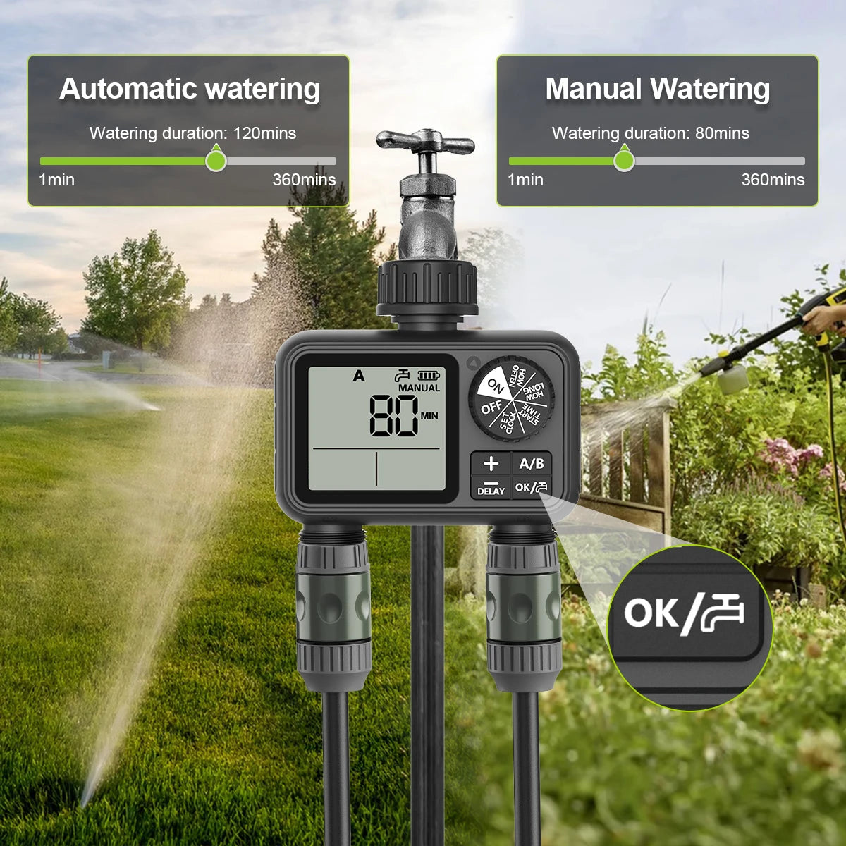 HCT-M06 Eshico 2-Zone Water Timer Automatic/Manual Sprinkler Digital Knob Set Quick Connector Smart Rain Delay Independent Water