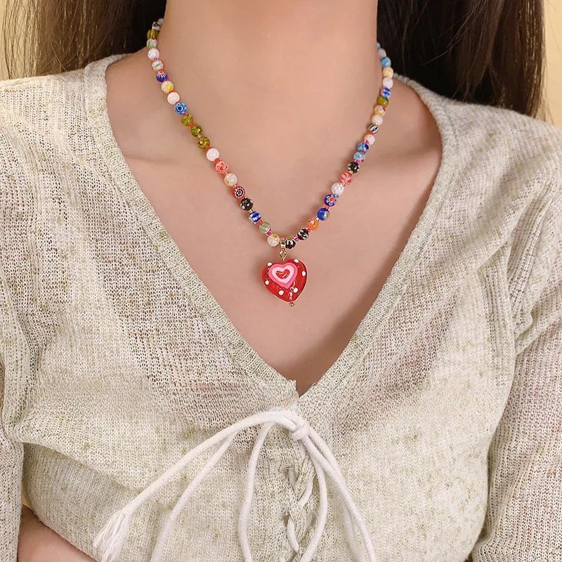 ZAKOL Dopamine Colorful Glass Bead Heart-shaped Pendant Necklaces for Women Sweet Collarbone Chains Necklace Trendy Accessories