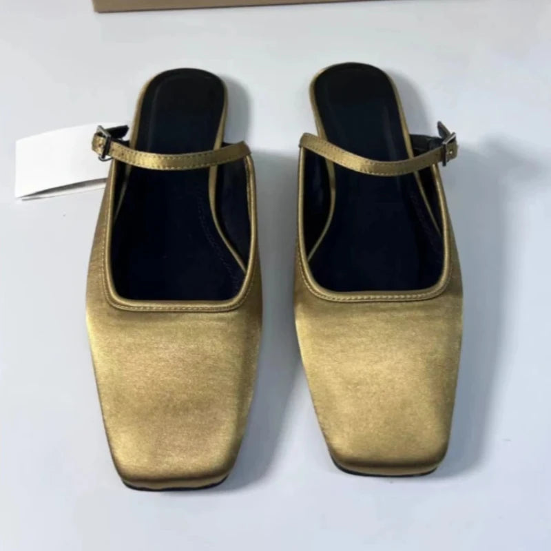 Summer Flat Sandals Woman 2026 New Square Toe Buckle Strap Breathable Satin Leisure Slingbacks Chic Mules Shoes for Ladies