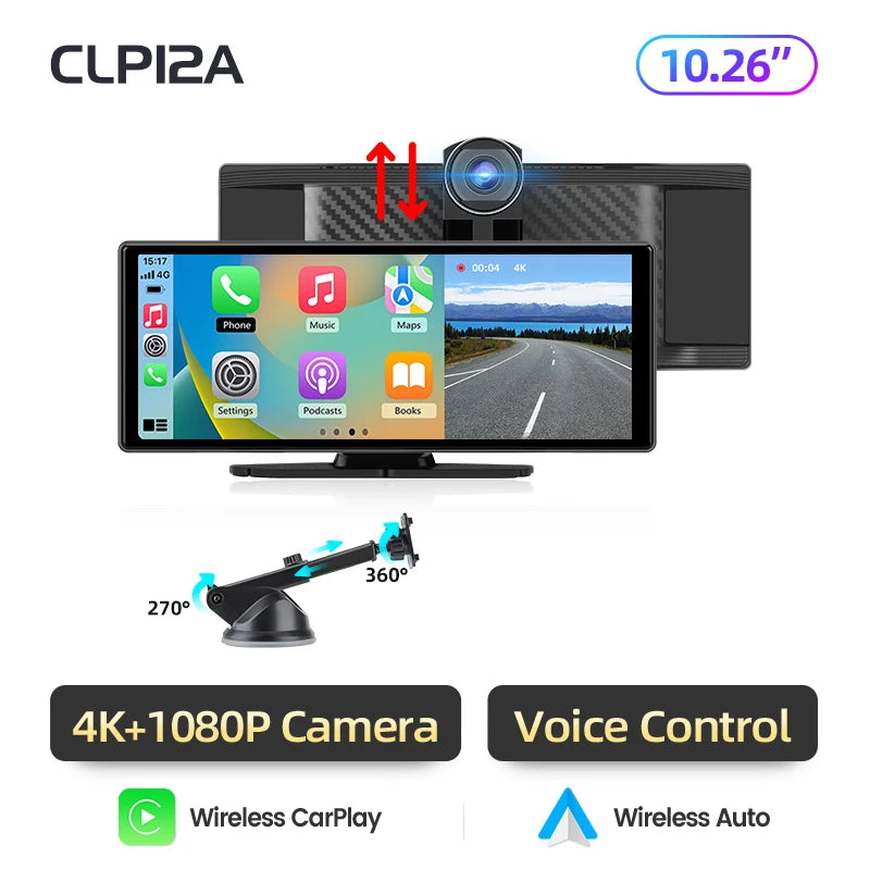 Junsun 10.26 Inch 4K Dash Cam Wireless Apple CarPlay Android Auto GPS Navigation Dual Lens DVR WiFi Rear View Camera Touch Screen Video Recorder Loop Recording G Sensor Multimedia Display