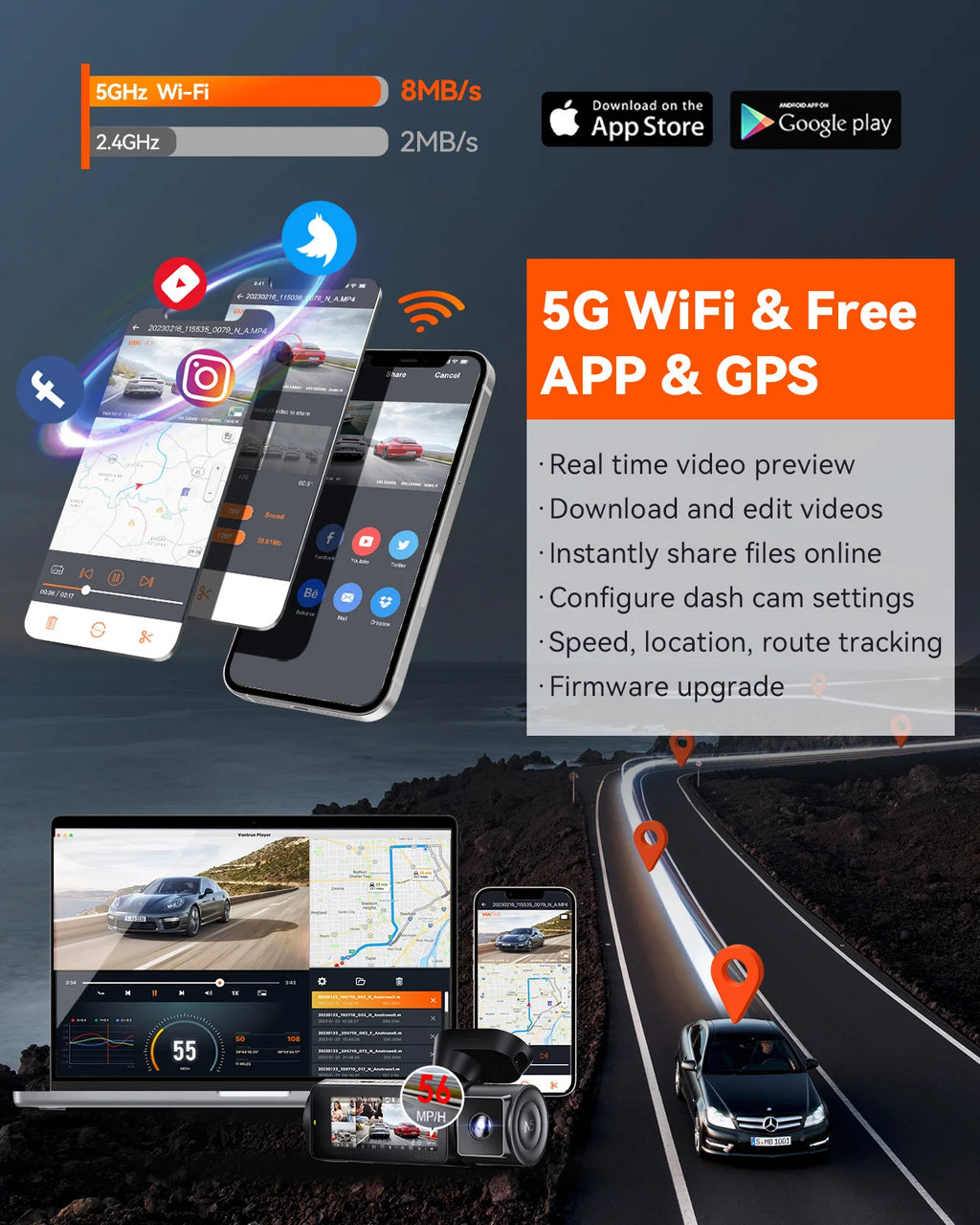 Vantrue N5 DashCam 4 Channel WiFi 360° All Sides 2.7K+1080P*3 GPS Tracking  Smart Voice Control Rotatable Camera Car accessories