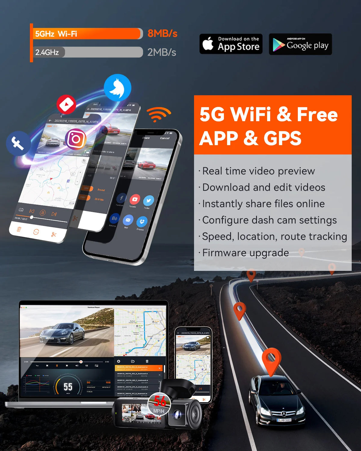 Vantrue N5 DashCam 4 Channel WiFi 360° All Sides 2.7K+1080P*3 GPS Tracking  Smart Voice Control Rotatable Camera Car accessories