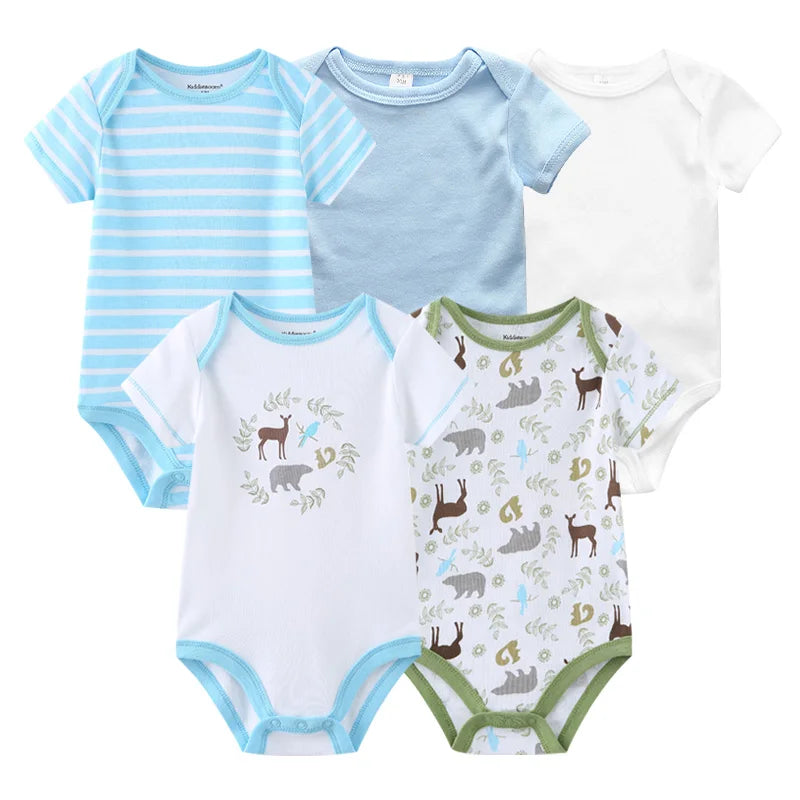 Newborn Bodysuits Unisex 5Pieces Baby Girl Clothes Solid Color Cotton Baby Boy Clothes Set Cartoon Print Summer Bebes