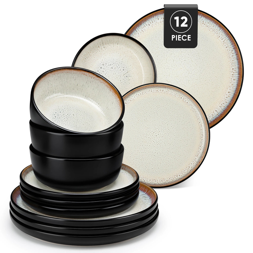 Vancasso AMBER 12/16 Piece Ceramic Dinnerware Set Matte Black Stoneware Plates Set with 4/6 Pcs Dinner Plate/Dessert/Bowl/Soup