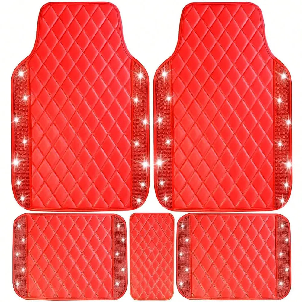 5 Pcs Bling Leather Car Mats, Sparkly Rhinestone Floor Mats, Anti-Slip Waterproof Universal Pads for SUV, Sedan, Van, Women