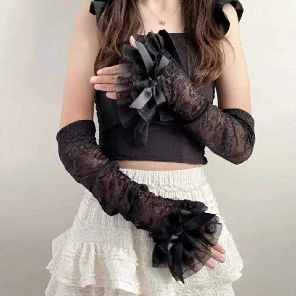 Graceful Lace Bowknot Womens Sleeve Sun Protection Hollow Out Lace Fingerless Gloves Y2K Bridal Wrist Gloves