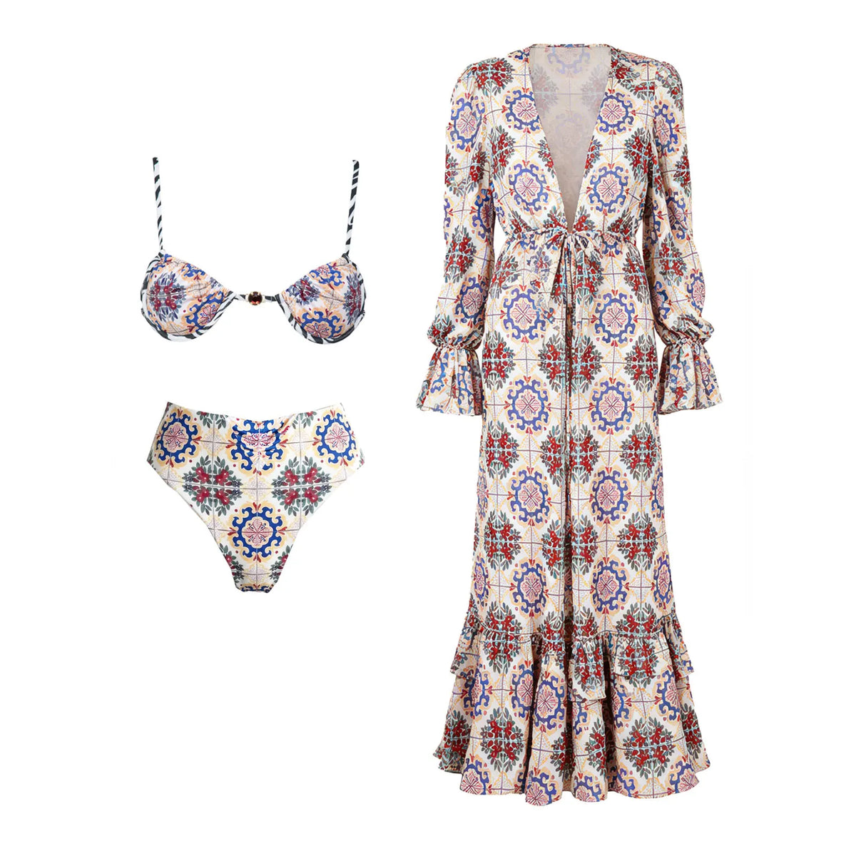 Push Up 2026 New Retro Prints 3 Pieces Bikinis Sets With Mesh Pants Beachwear Sexy Women's Swimsuit Cover-ups Strappy Beach Wear