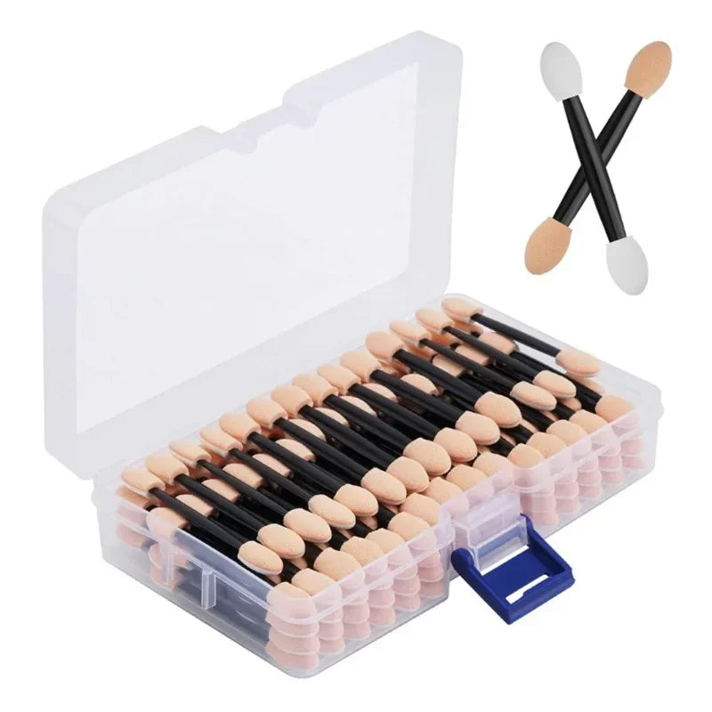 Cuttte 50/100PCS Disposable Dual Sides Eye Shadow Sponge Applicators with Container,  Length Eyeshadow Brushes Makeup Applicator