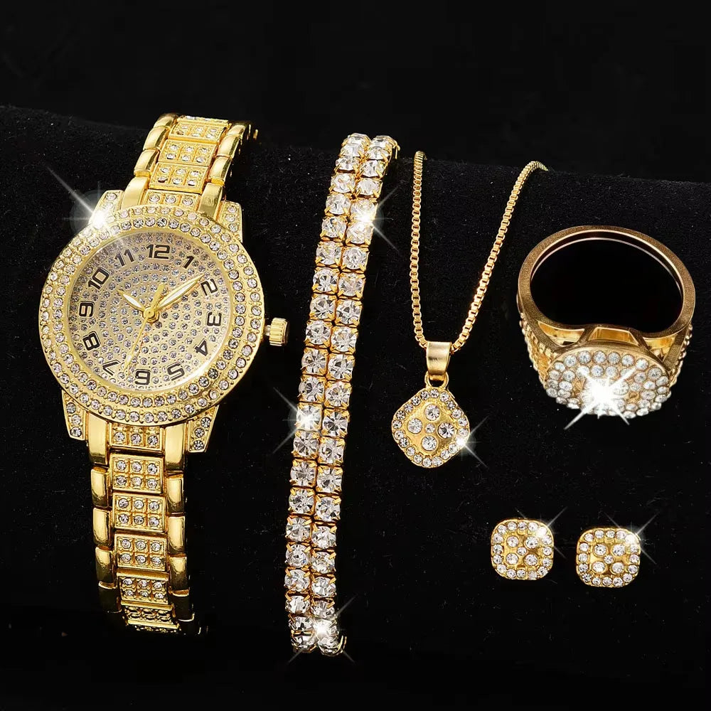 Full Diamond Roman Literal Steel Strip Watch with Starry Charm Business Quartz Watch Set