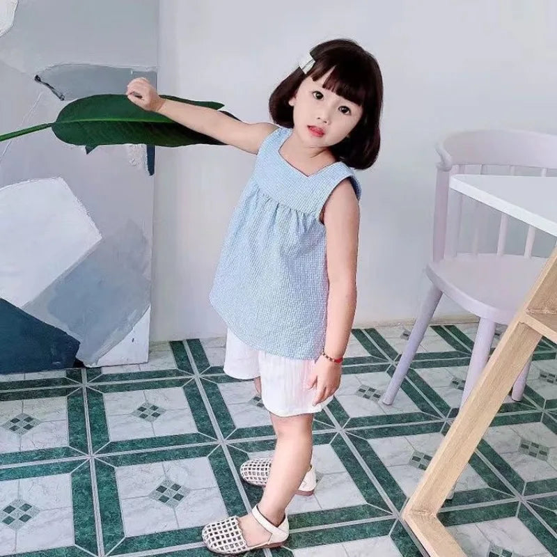 New Summer Kids Girls Clothes Sets Casual Girls Checked Straps+White Shorts 2pcs Suit Children Clothing Set