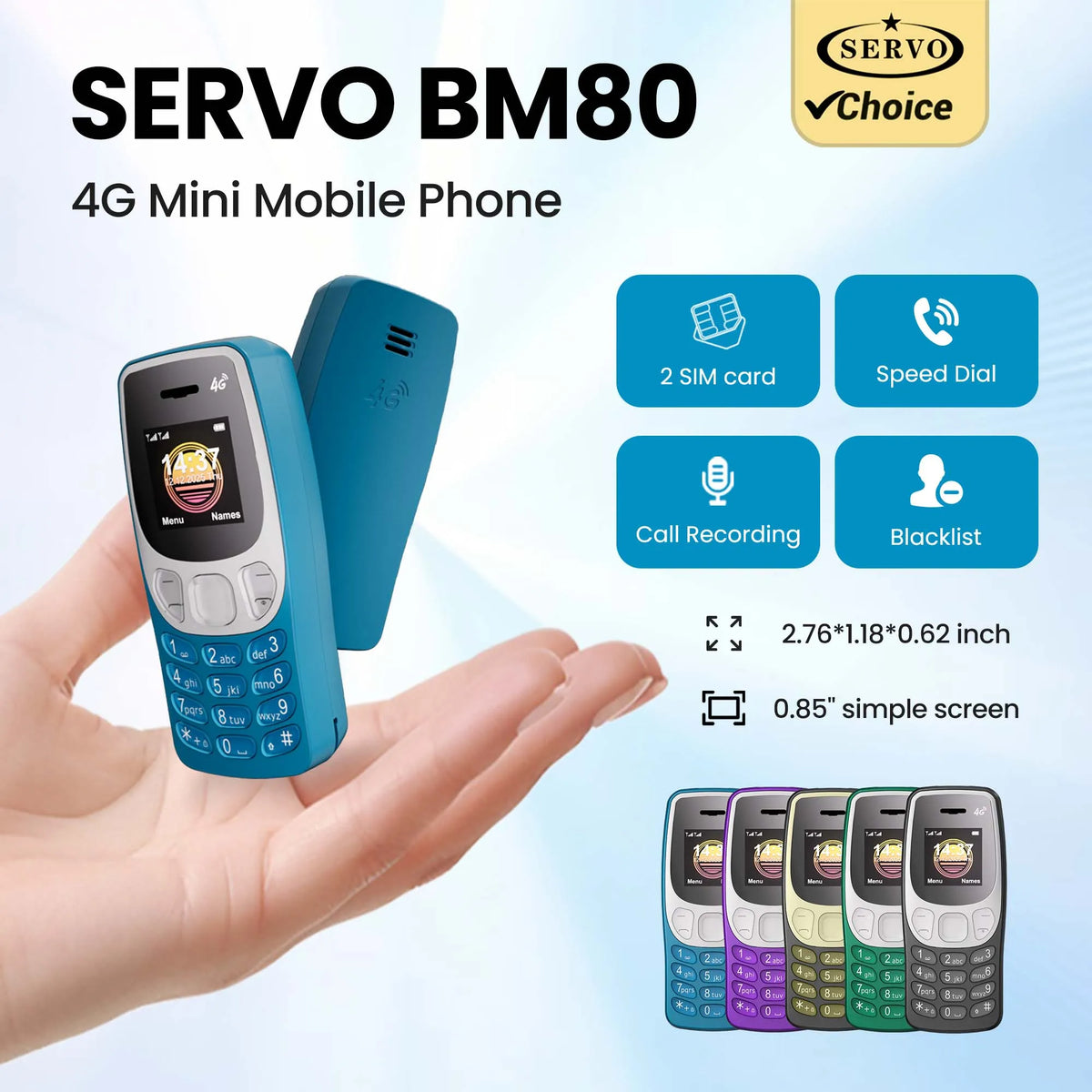 SERVO BM80 4G LTE Super Small Feature Phone Dual SIM Standby Auto Call Recording Speed Dial Blacklist 0.85" Backup Mobile Phone