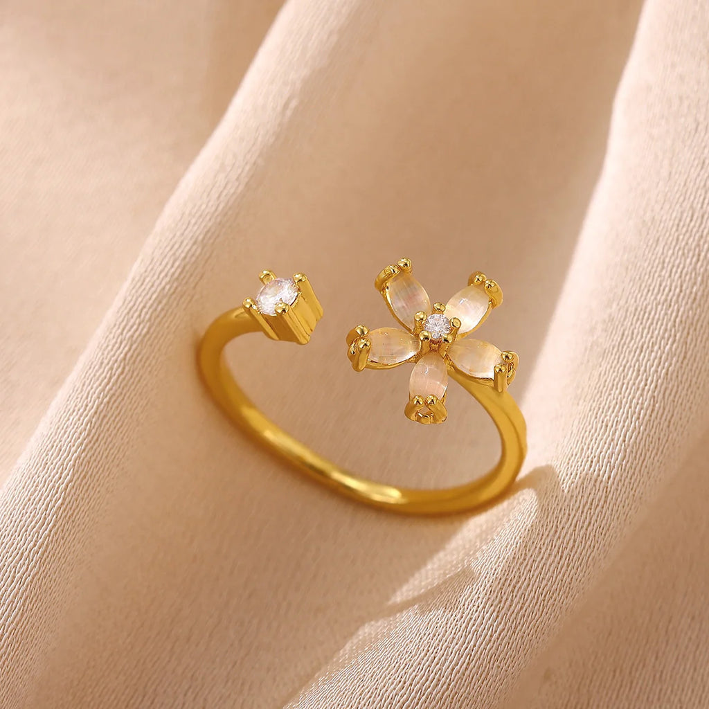 Opal Flower Rings For Women Cubic Zirconia Openning Stainless Steel Flower Ring Wedding Floral Aesthetic Jewelry anillos mujer