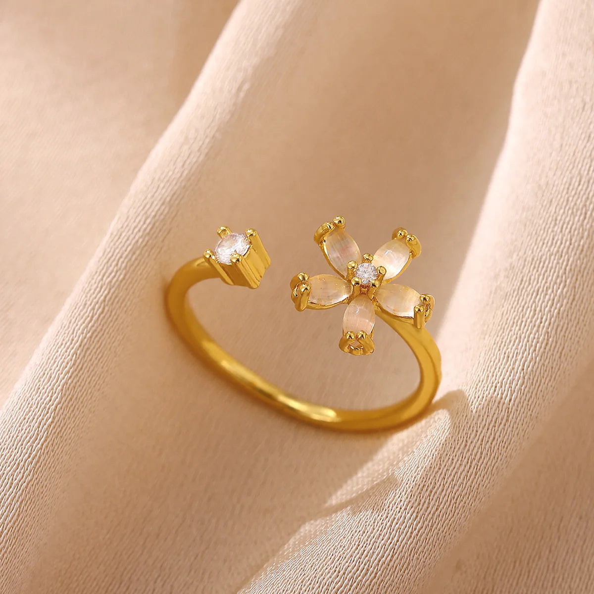 Opal Flower Rings For Women Cubic Zirconia Openning Stainless Steel Flower Ring Wedding Floral Aesthetic Jewelry anillos mujer